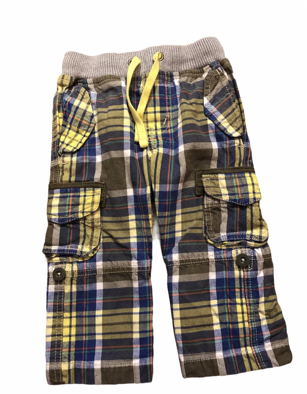 Mini Boden Yellow Green Plaid Cargo Pants 12-18m